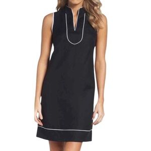 Eliza J Black White‎ Trim V-Neck Linen Blend Sleeveless Shift Dress Size 10